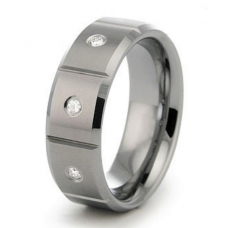  8 mm Tungsten Diamond Ring  Vertical Cut  Center and Bevel Edge Diamond of 0.10 cttw